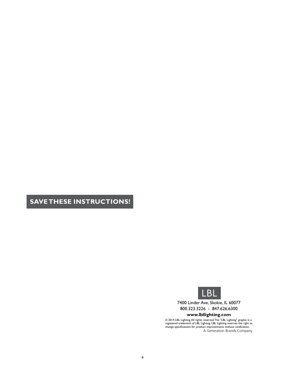 Save these instructions | LBL Lighting Fusion Jack Canopy 5 Light Round LED User Manual | Page 4 / 4