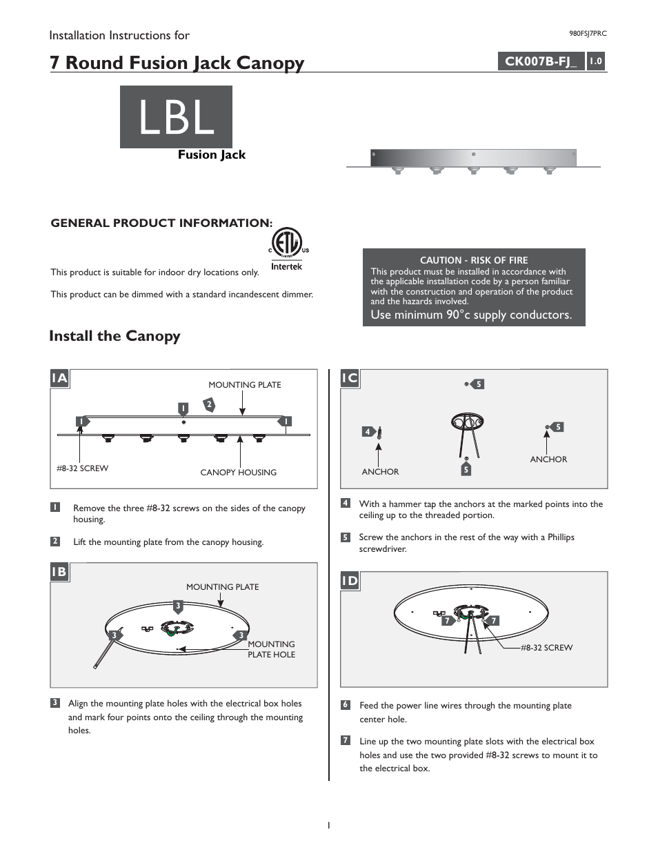 LBL Lighting Fusion Jack Canopy 7 Light Round LED User Manual | 4 pages