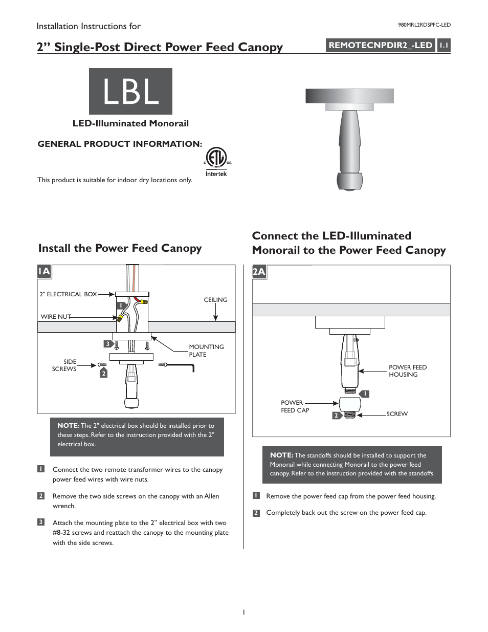 LBL Lighting LED Illum MO 2.75" Direct Feed Canopy User Manual | 2 pages