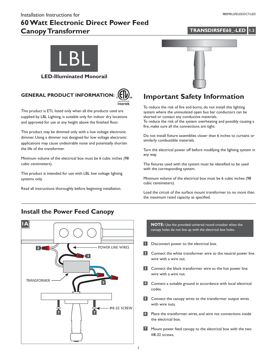 LBL Lighting LED Illum MO Direct Feed Flush Elec Xfmr 60w 277v/12v LED User Manual | 2 pages