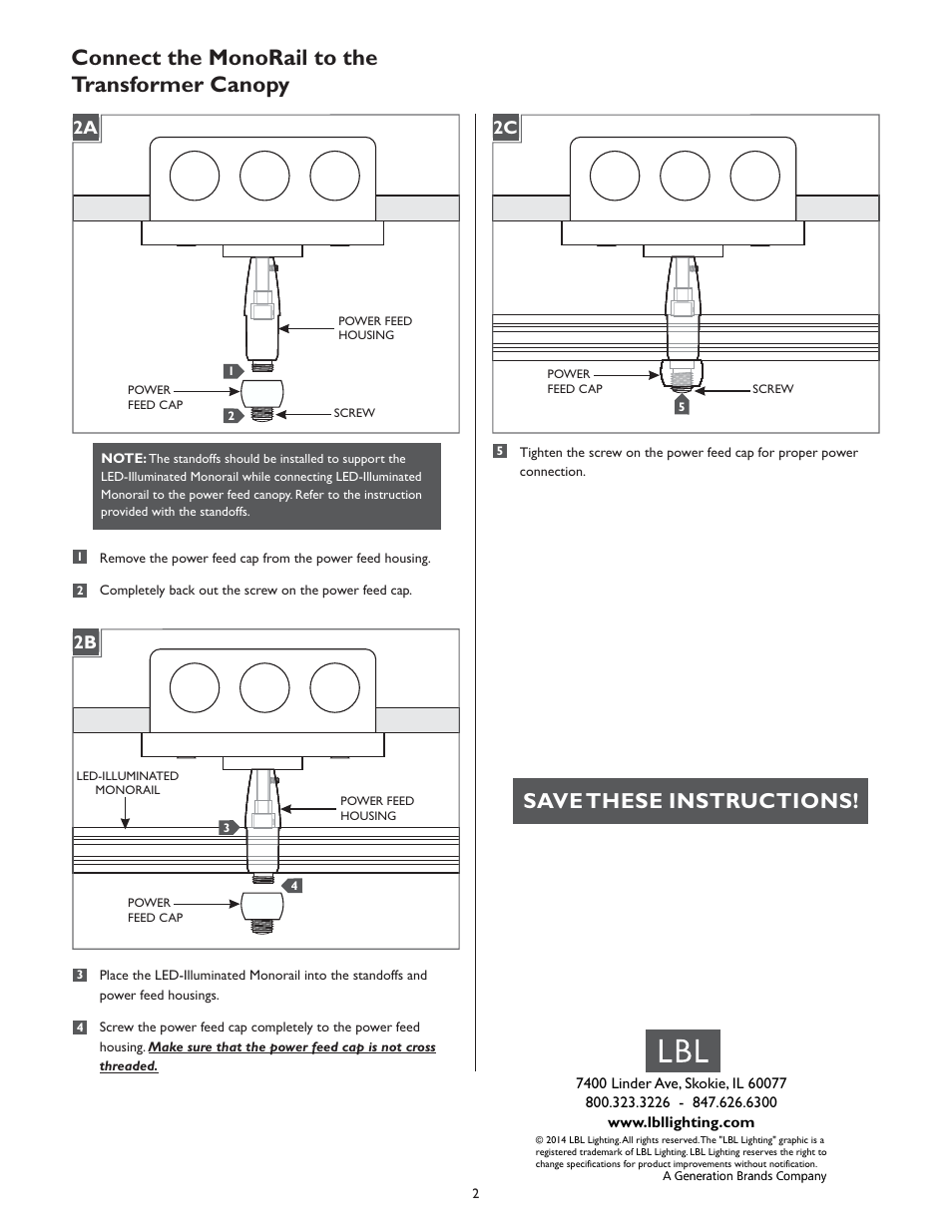 Connect the monorail to the transformer canopy, Save these instructions, 1a 2a 1a 2b | 1a 2c | LBL Lighting LED Illum MO Direct Feed Flush Elec Xfmr 60w 277v/12v LED User Manual | Page 2 / 2