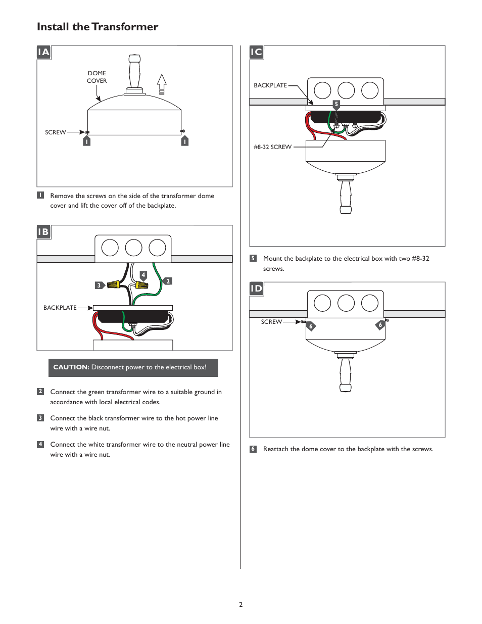 Install the transformer, 1a 1c, 1a 1b 1a 1d | LBL Lighting MO Direct Feed Surf Elec Xfmr 60w 277v/12v LED User Manual | Page 2 / 4