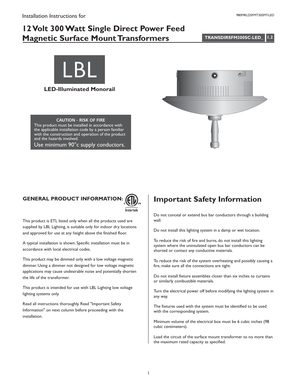 LBL Lighting LED Illum MO Direct Feed Surf Mag Xfmr 300w 277v/12v User Manual | 4 pages