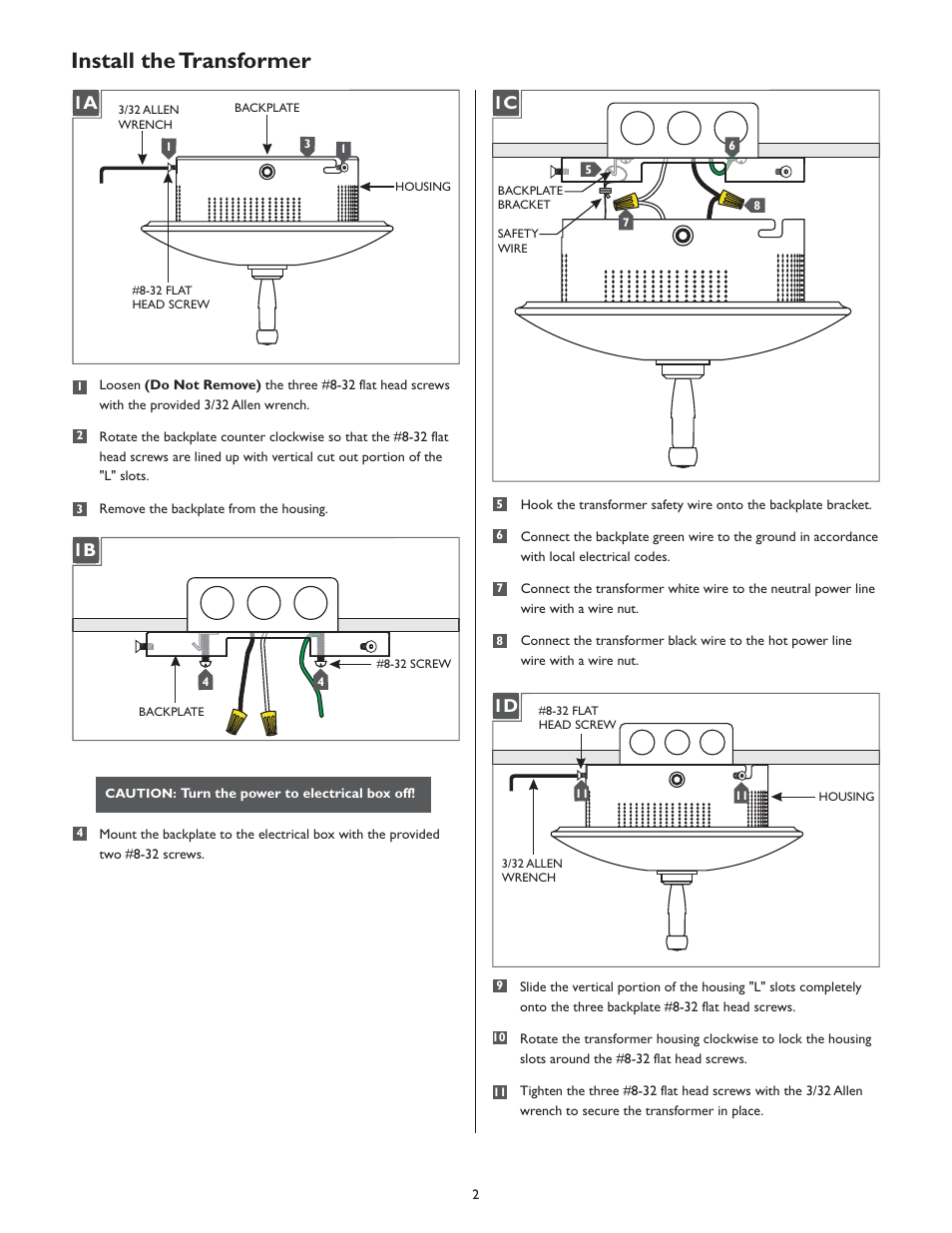 Install the transformer, 1a 1b, 1a 1c 1a 1d | LBL Lighting LED Illum MO Direct Feed Surf Mag Xfmr 300w 277v/12v User Manual | Page 2 / 4