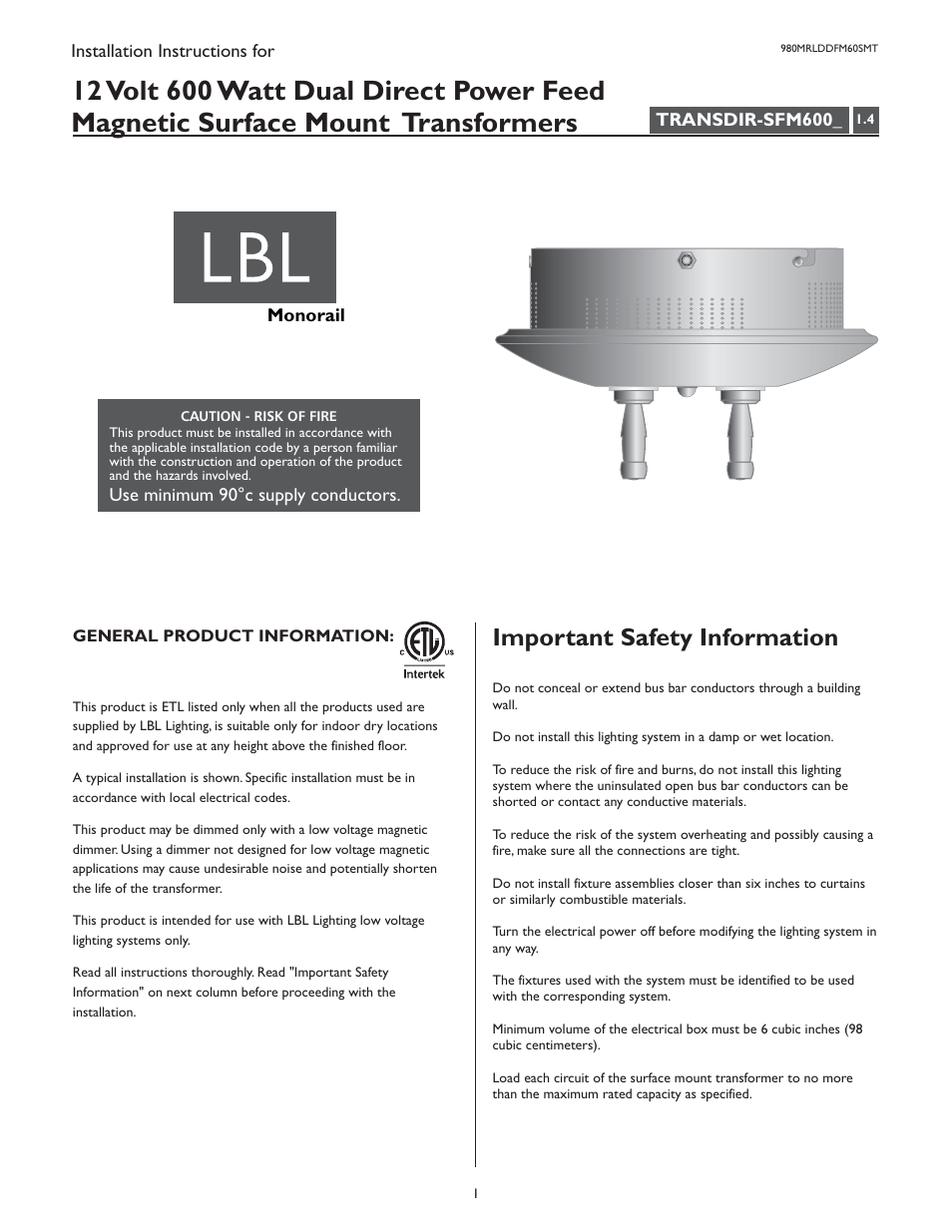 LBL Lighting MO Direct Feed Surf Mag Xfmr 600w 120v/12v User Manual | 4 pages