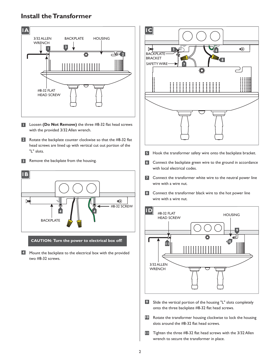 Install the transformer, 1a 1c, 1a 1b 1a 1d | LBL Lighting MO Direct Feed Surf Mag Xfmr 600w 120v/12v User Manual | Page 2 / 4