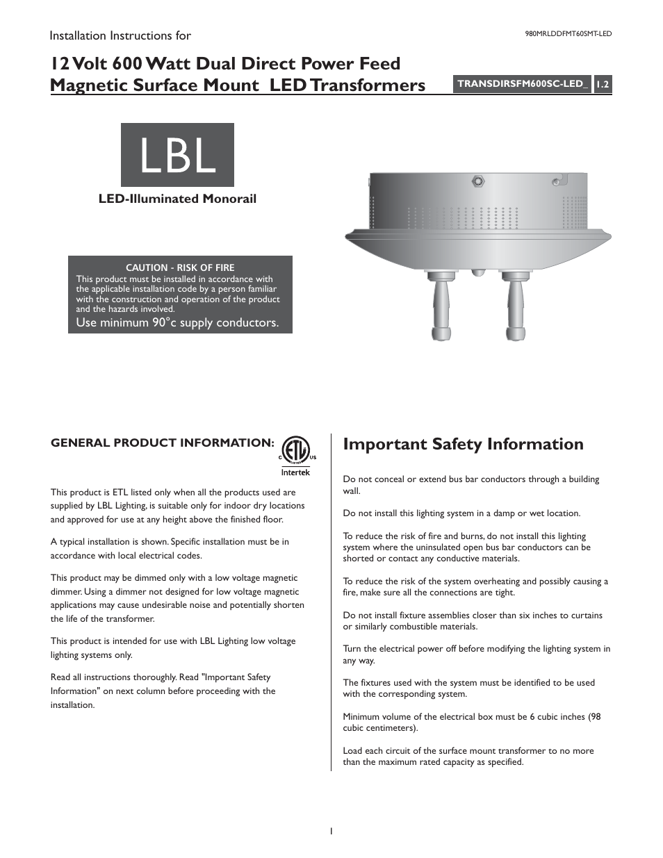 LBL Lighting LED Illum MO Direct Feed Surf Mag Xfmr 600w 277v/12v User Manual | 4 pages