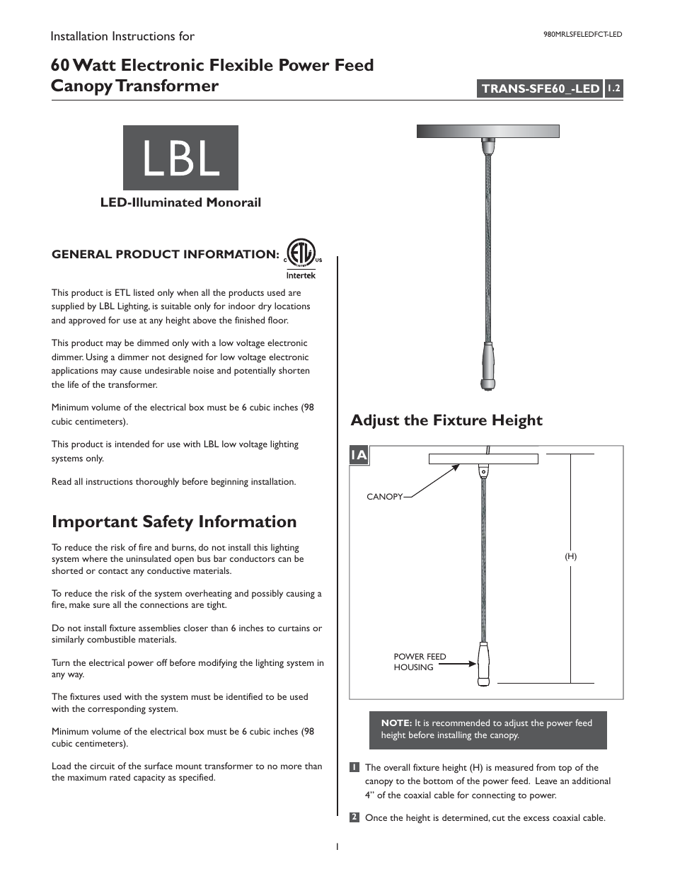 LBL Lighting LED Illum MO Flush Elec Xfmr 60w 277v/12v LED User Manual | 4 pages