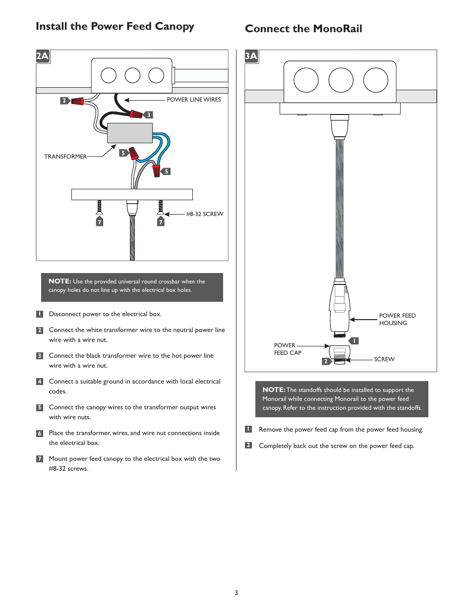 Connect the monorail, Install the power feed canopy, 1a 2a | 1a 3a | LBL Lighting LED Illum MO Flush Elec Xfmr 60w 277v/12v LED User Manual | Page 3 / 4