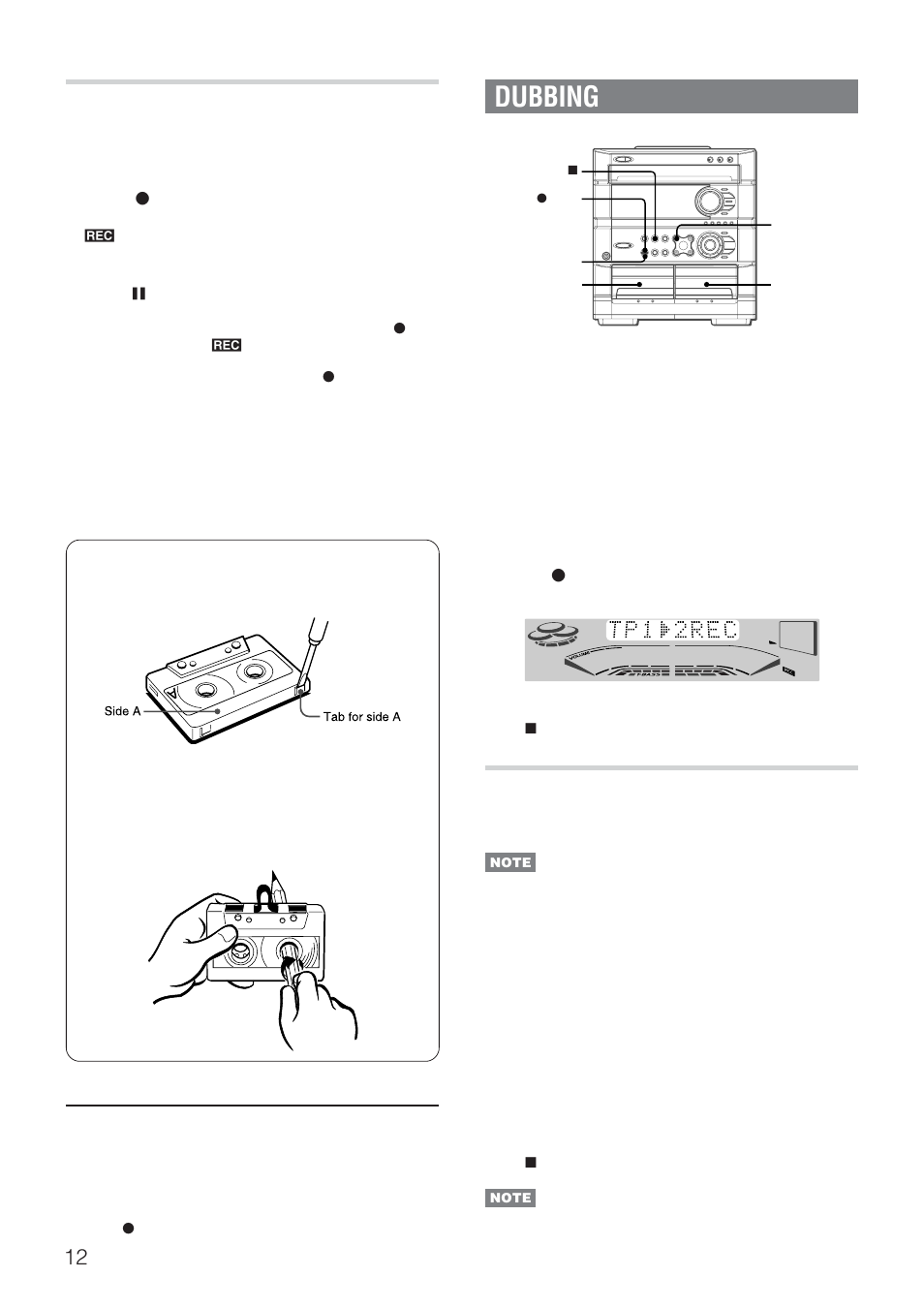 Dubbing, Inserting blank spaces, Dubbing the whole tape | Aiwa DINA Z-A60 User Manual | Page 12 / 20
