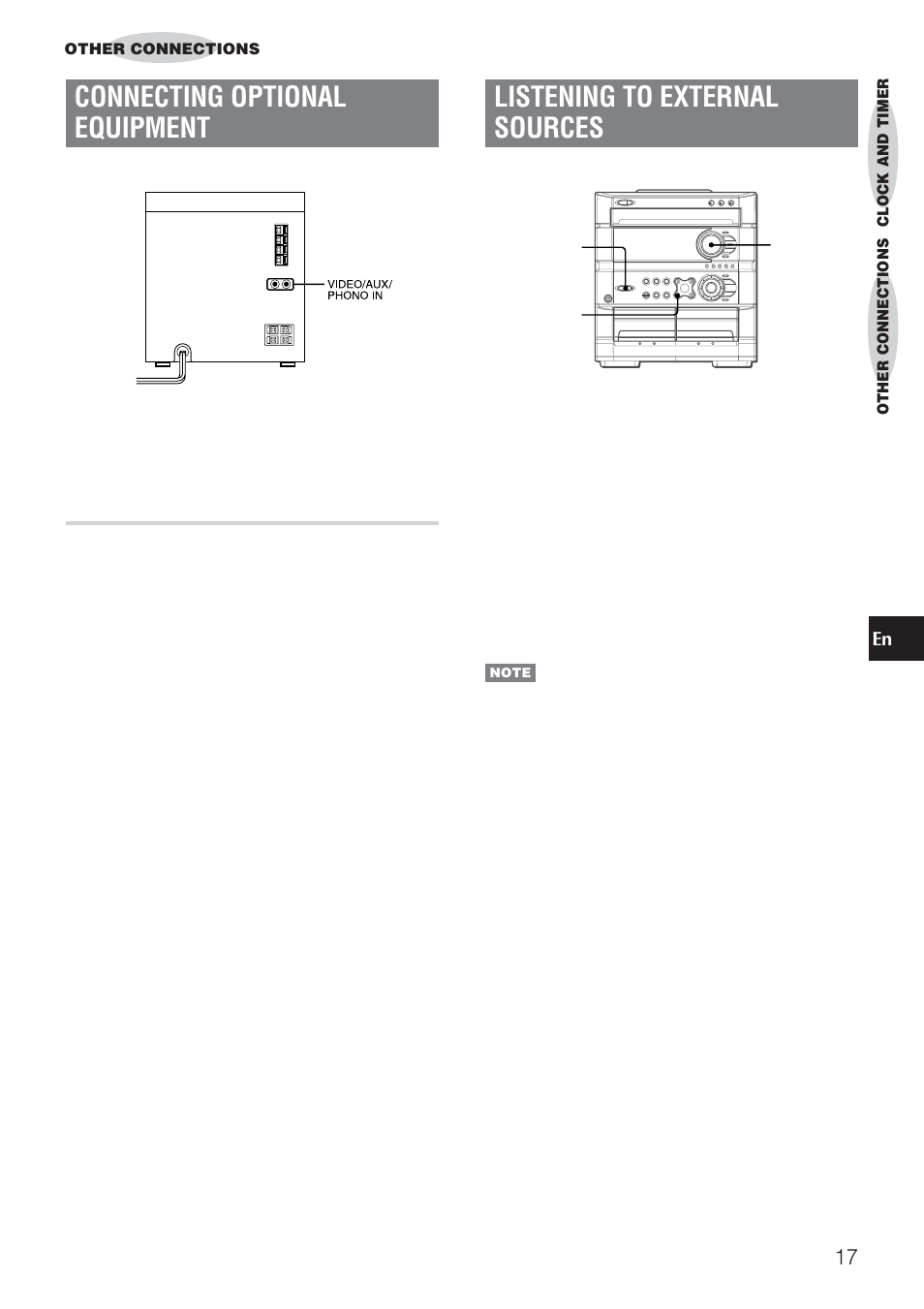 Listening to external sources, Connecting optional equipment, Video/aux/phono in jacks | Aiwa DINA Z-A60 User Manual | Page 17 / 20