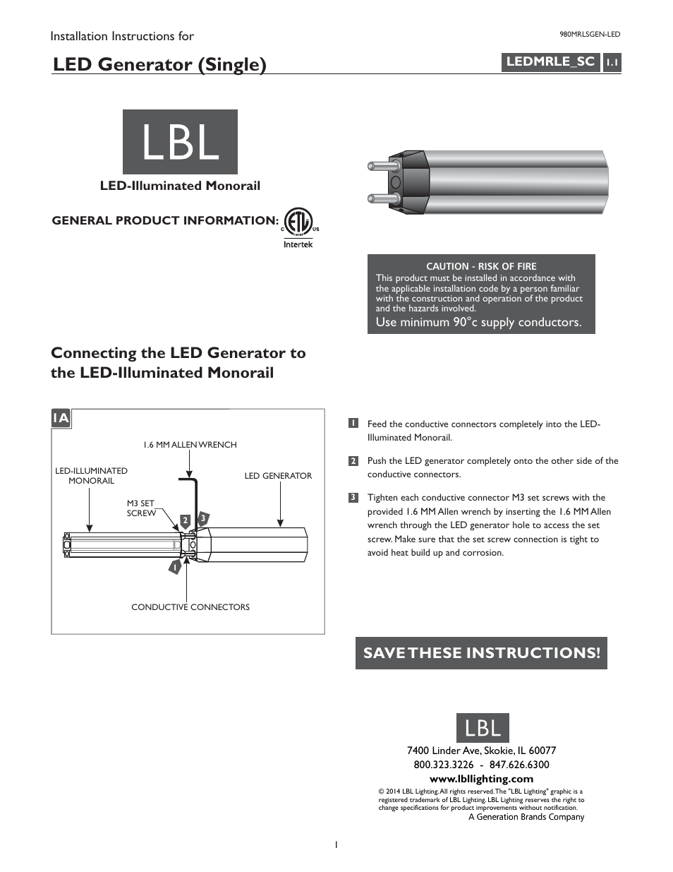 LBL Lighting LED Illum MO Generator Single User Manual | 1 page