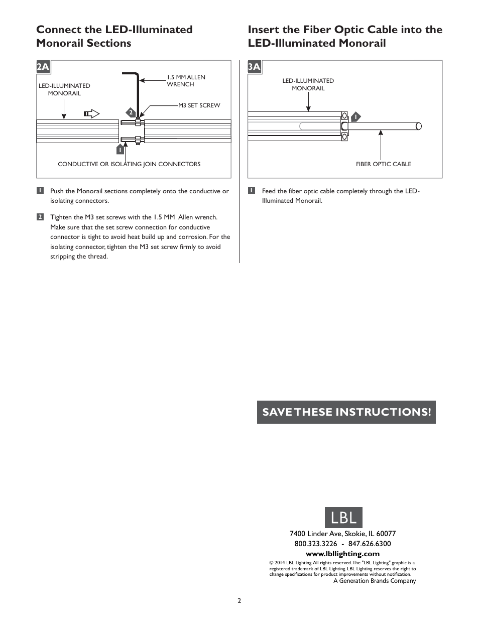 Save these instructions, 1a 2a 1a 3a | LBL Lighting LED Illum MO Rail User Manual | Page 2 / 2