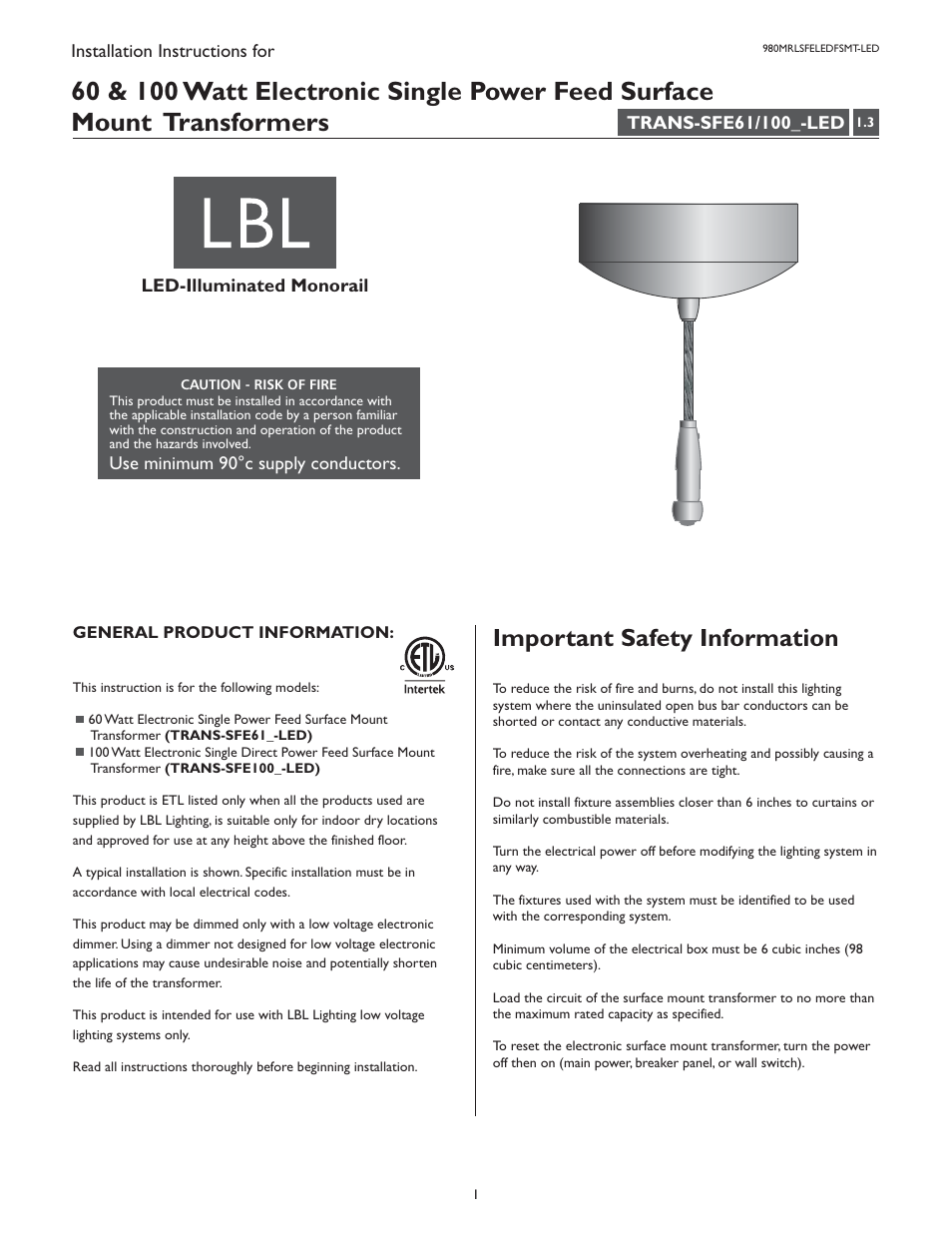 LBL Lighting LED Illum MO Surf Elec Xfmr 60w 277v/12v LED User Manual | 4 pages