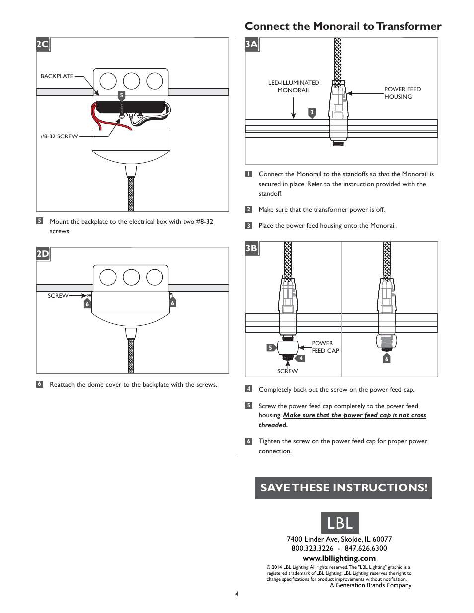 Connect the monorail to transformer, Save these instructions, 1a 2c 1a 2d | 1a 3a 1a 3b | LBL Lighting LED Illum MO Surf Elec Xfmr 60w 277v/12v LED User Manual | Page 4 / 4