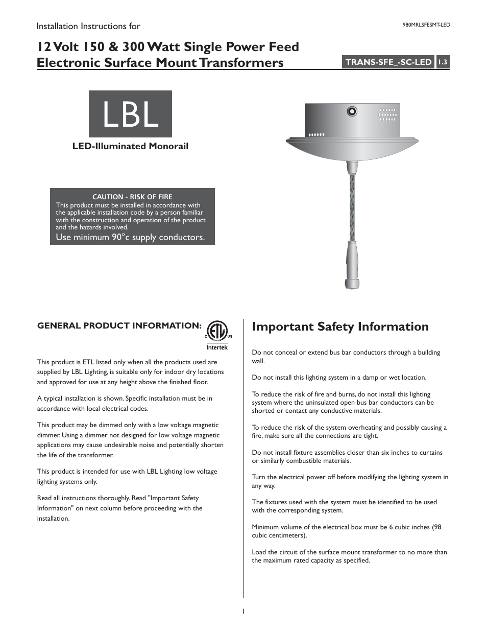 LBL Lighting LED Illum MO Surf Elec Xfmr 300w 120v/12v User Manual | 4 pages