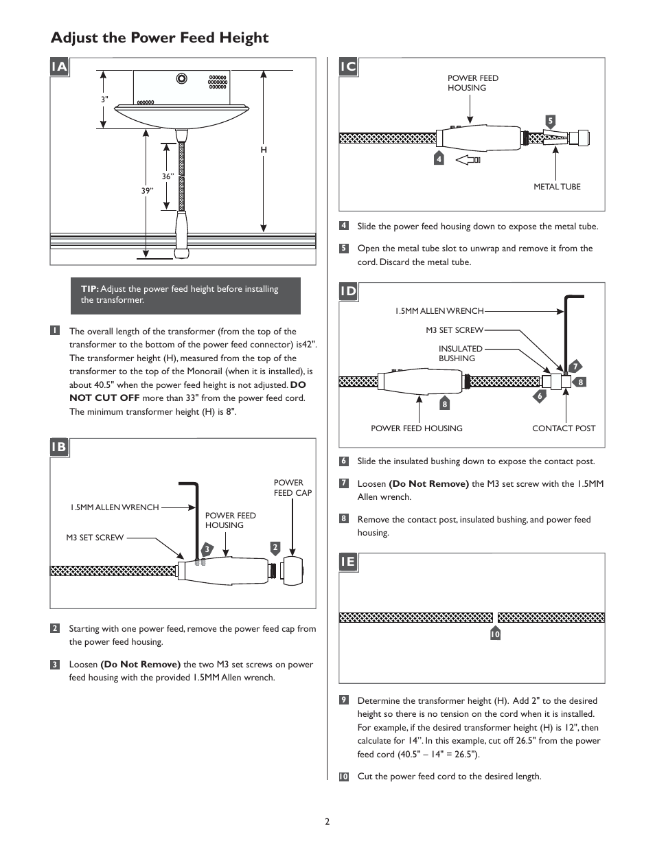 Adjust the power feed height, 1a 1e | LBL Lighting LED Illum MO Surf Mag Xfmr 150w 120v/12v User Manual | Page 2 / 4