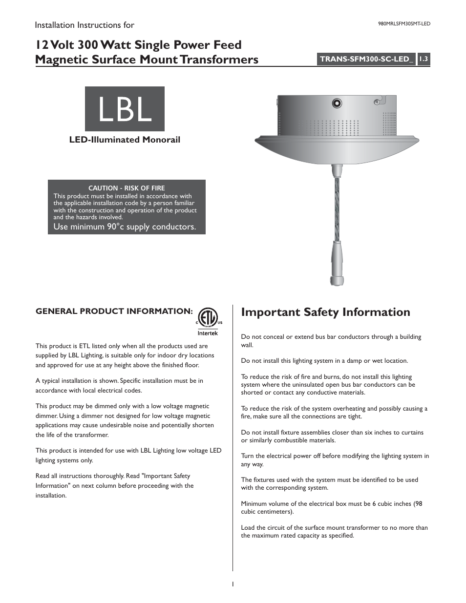 LBL Lighting LED Illum MO Surf Mag Xfmr 300w 277v/12v User Manual | 4 pages