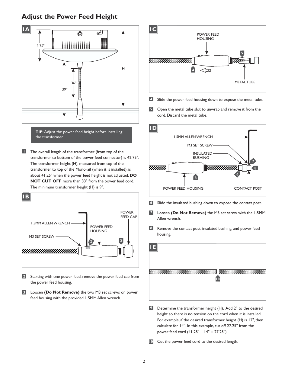 Adjust the power feed height, 1a 1e | LBL Lighting LED Illum MO Surf Mag Xfmr 300w 277v/12v User Manual | Page 2 / 4