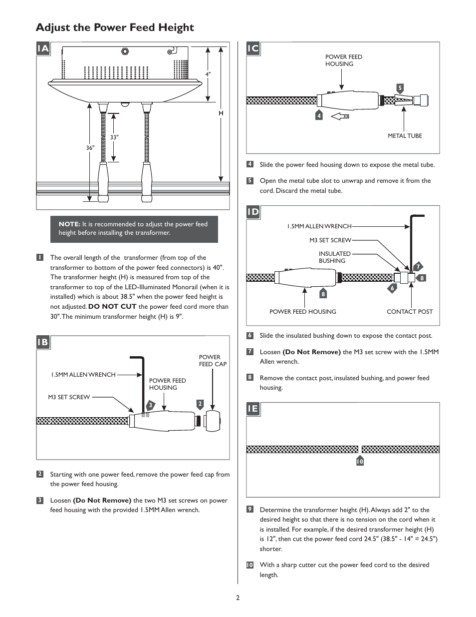 Adjust the power feed height, 1a 1e | LBL Lighting LED Illum MO Surf Mag Xfmr 600w 277v/12v User Manual | Page 2 / 4