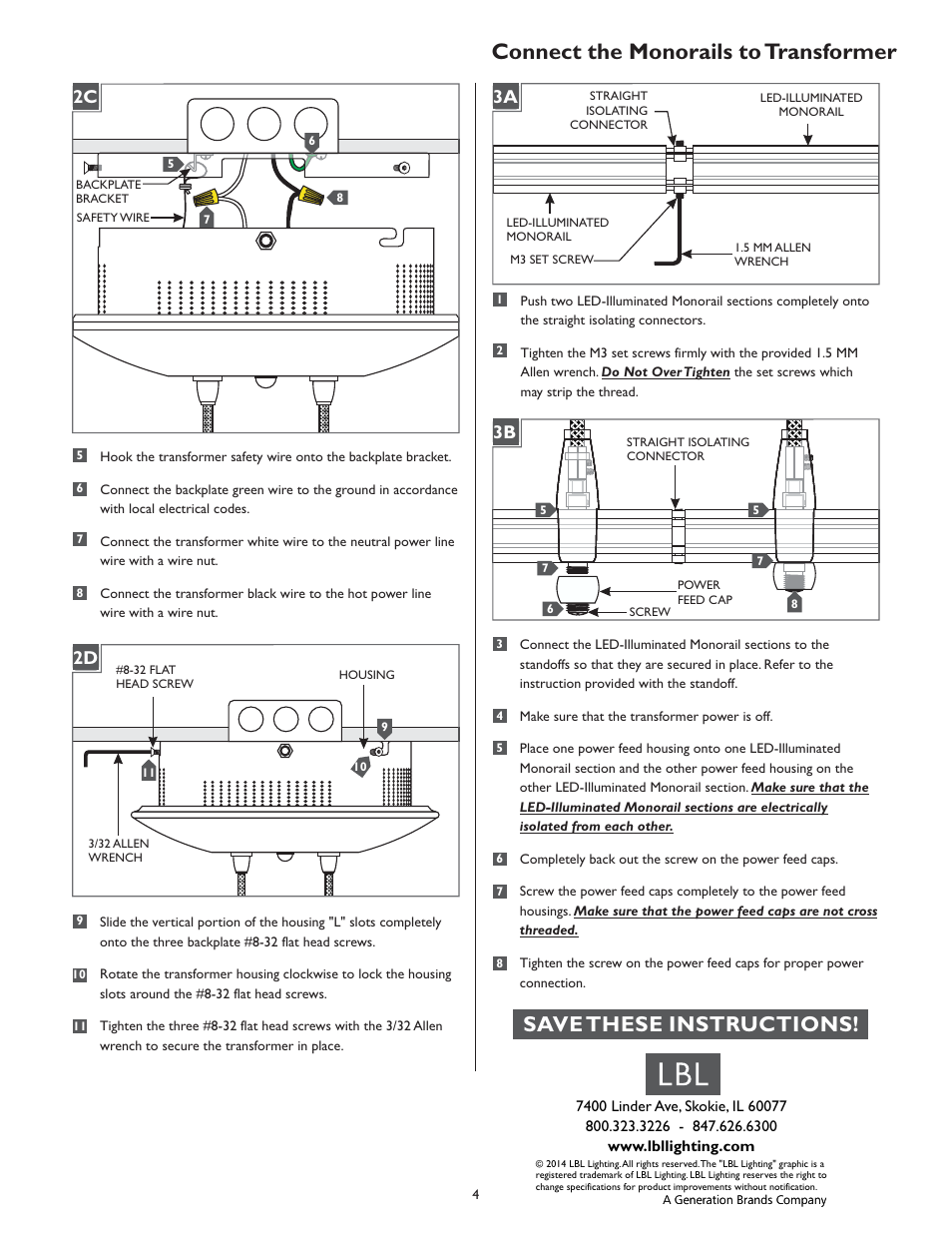 Connect the monorails to transformer, Save these instructions | LBL Lighting LED Illum MO Surf Mag Xfmr 600w 277v/12v User Manual | Page 4 / 4