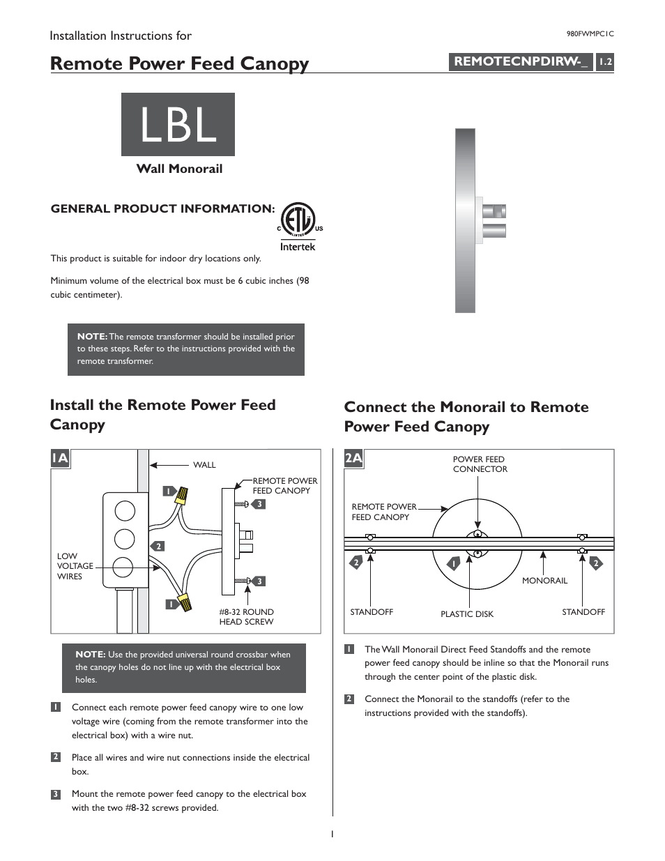 LBL Lighting MO 4" Round Direct Feed Canopy Single-Feed User Manual | 2 pages