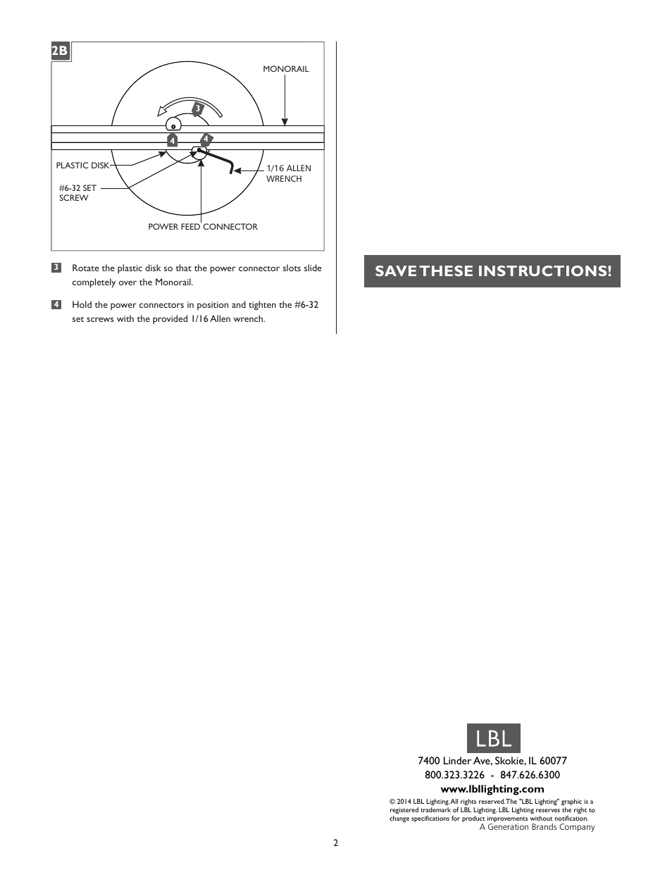 Save these instructions | LBL Lighting MO 4" Round Direct Feed Canopy Single-Feed User Manual | Page 2 / 2