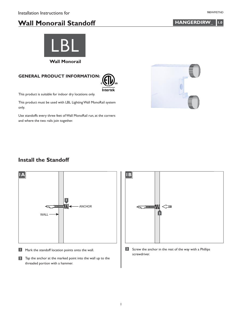 LBL Lighting MO Direct Feed Standoff User Manual | 2 pages
