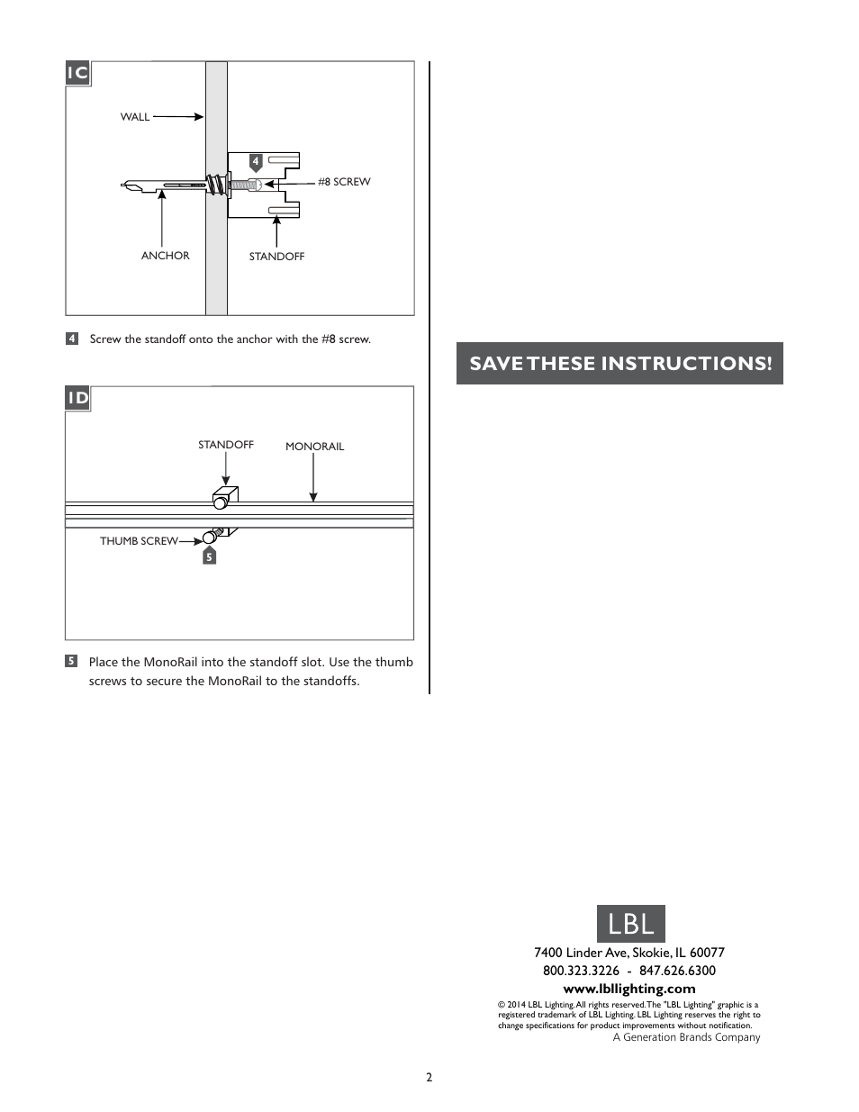 Save these instructions | LBL Lighting MO Direct Feed Standoff User Manual | Page 2 / 2