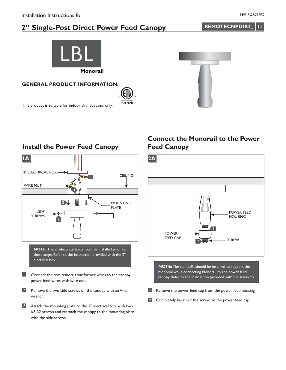 LBL Lighting MO 2.75" Round Direct Feed Canopy User Manual | 2 pages