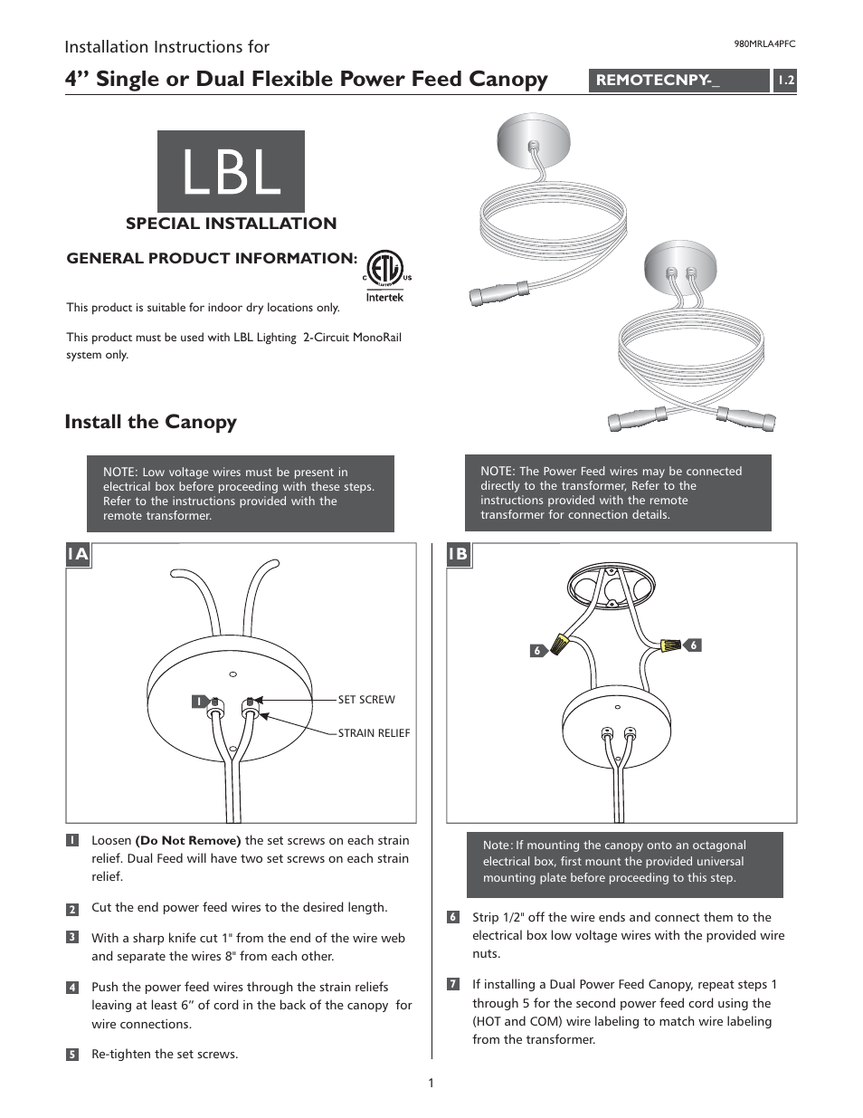 LBL Lighting MO 4" Round Dual Feed Canopy User Manual | 2 pages