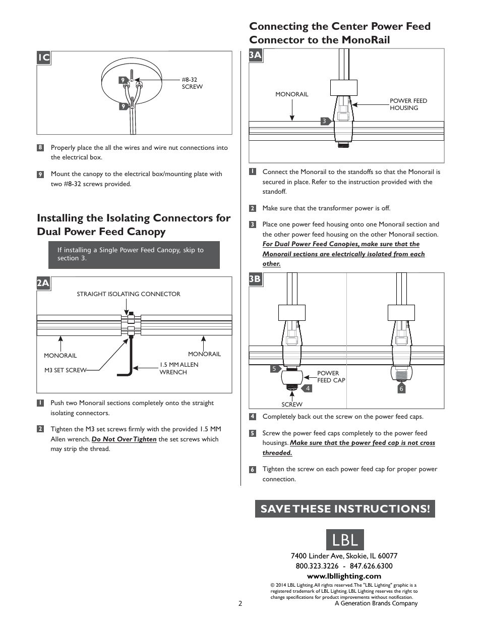 Save these instructions | LBL Lighting MO 4" Round Dual Feed Canopy User Manual | Page 2 / 2