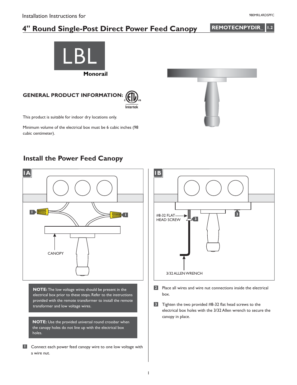 LBL Lighting MO 4" Round Direct Feed Dual Feed Canopy User Manual | 2 pages