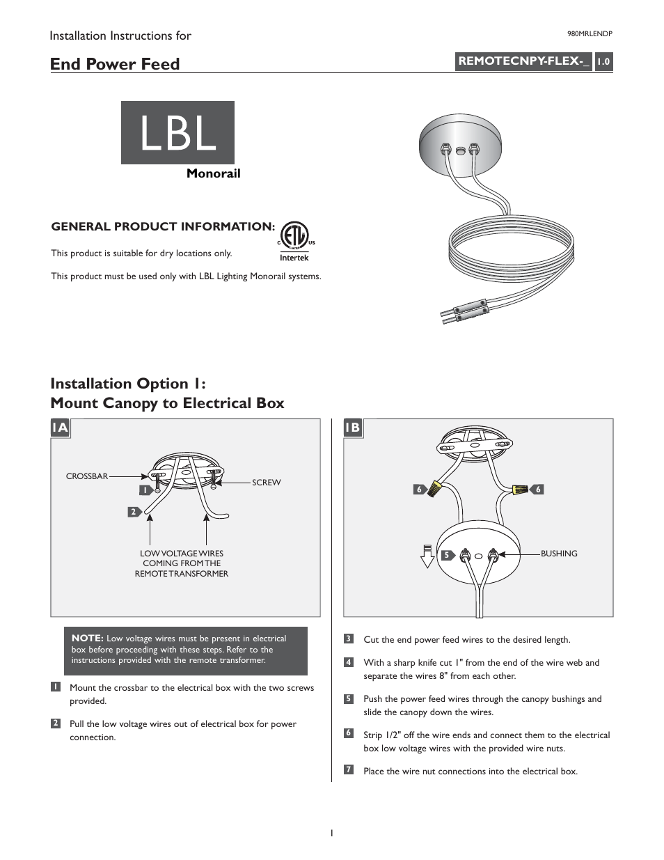 LBL Lighting MO 4" Round Flexible End Feed Canopy User Manual | 4 pages