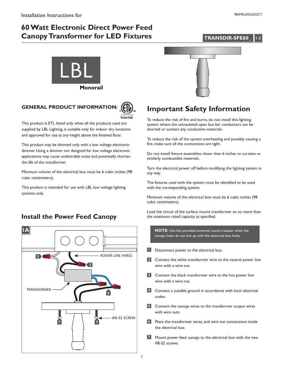 LBL Lighting MO Direct Feed Flush Elec Xfmr 60w 120v/12v LED User Manual | 2 pages