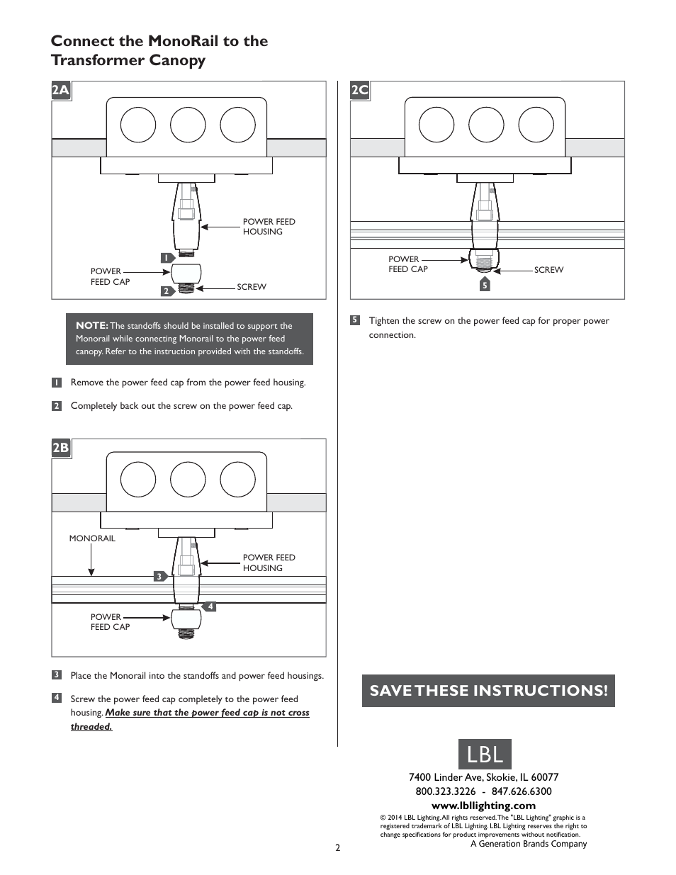 Connect the monorail to the transformer canopy, Save these instructions, 1a 2b 1a 2c | LBL Lighting MO Direct Feed Flush Elec Xfmr 60w 120v/12v LED User Manual | Page 2 / 2