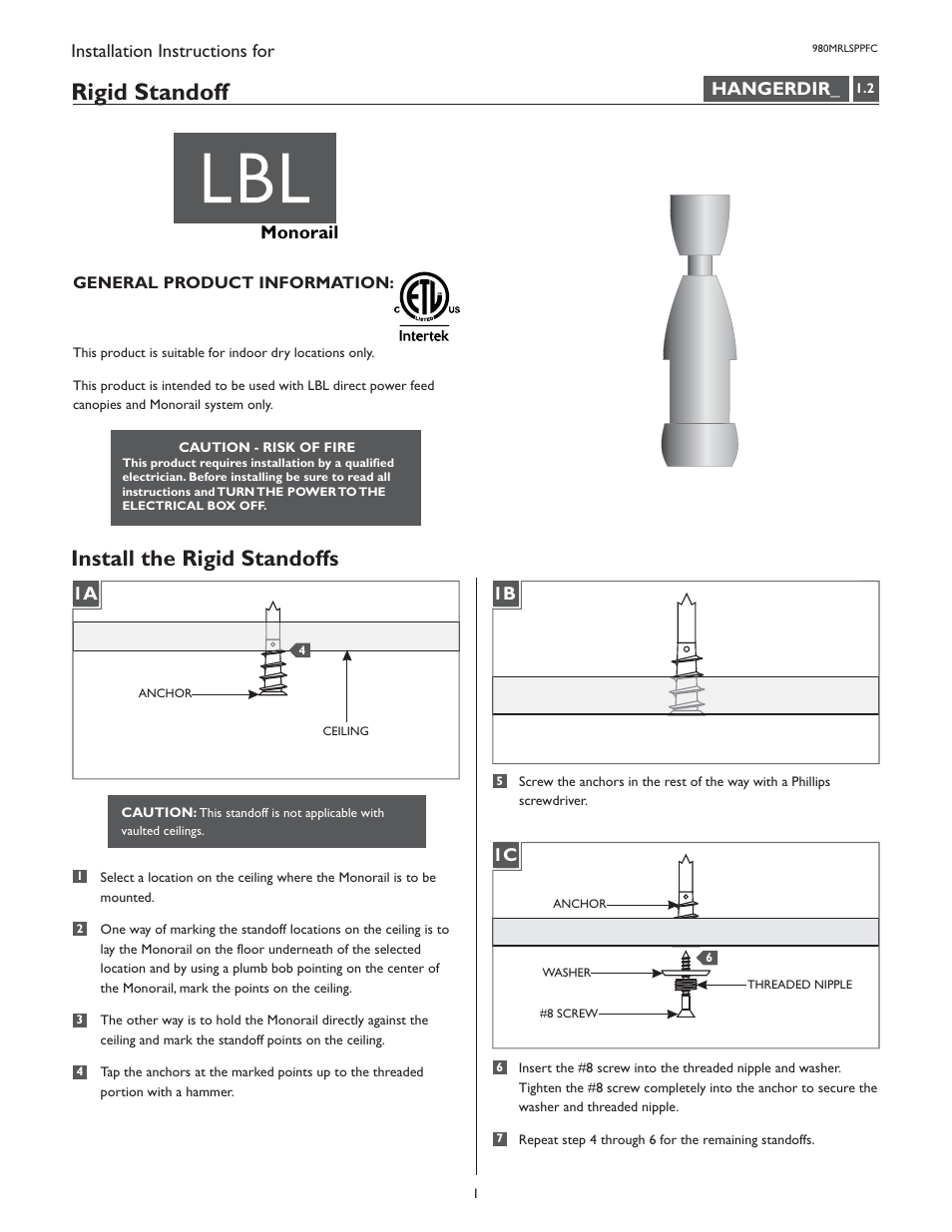 LBL Lighting MO Direct Feed Standoff for Canopy User Manual | 2 pages