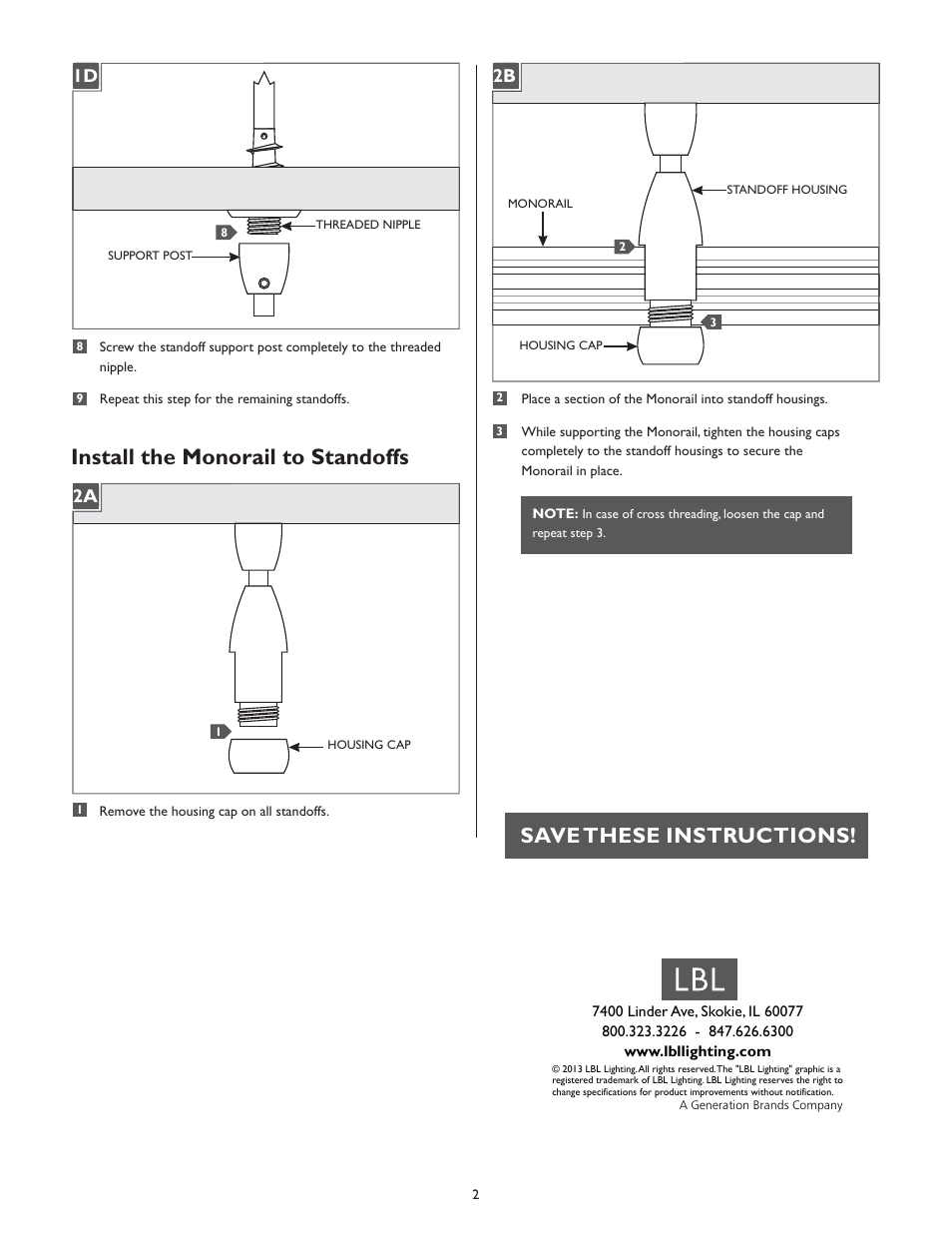 Install the monorail to standoffs, Save these instructions, 1d 2b 2a | LBL Lighting MO Direct Feed Standoff for Canopy User Manual | Page 2 / 2