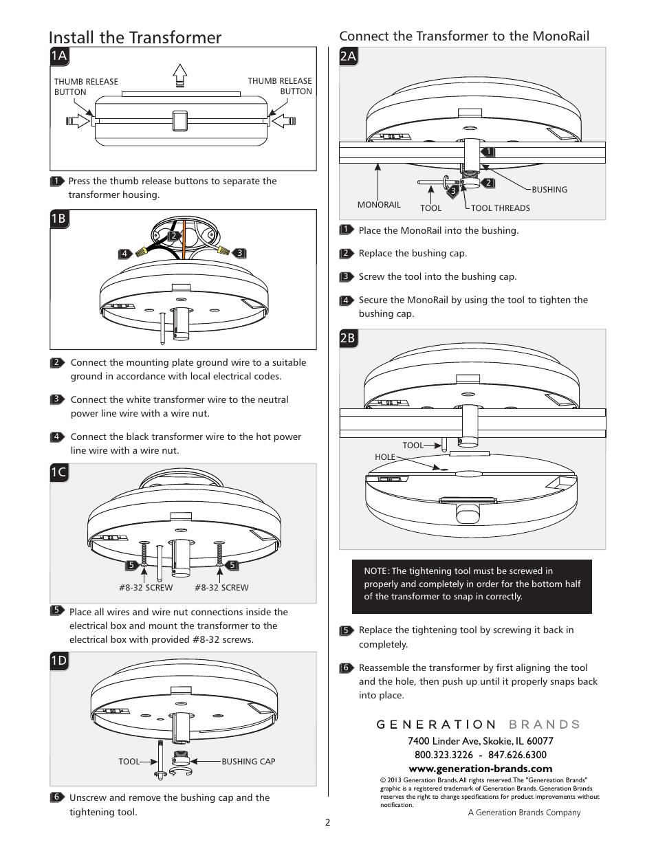 Install the transformer, Connect the transformer to the monorail, 1a 1b | LBL Lighting MO Pass-Through Direct-Feed Surf Elec Xfmr 300w 120v/12v User Manual | Page 2 / 2