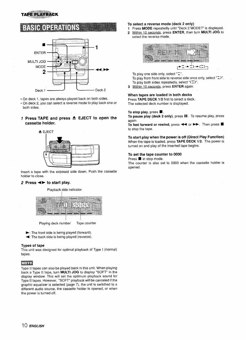 To select a reverse mode (deck 2 only), 2 press ◄►to start play, To set the tape counter to 0000 | Types of tape, T'fzi. '6600 | Aiwa XR-H330MD User Manual | Page 10 / 124