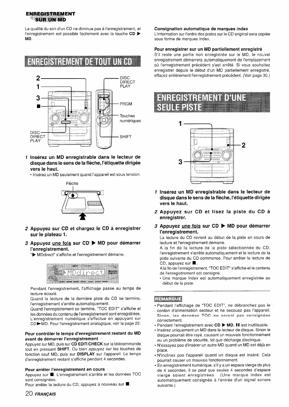 Pour arrêter l'enregistrement en cours, Consignation automatique de marques index | Aiwa XR-H330MD User Manual | Page 100 / 124