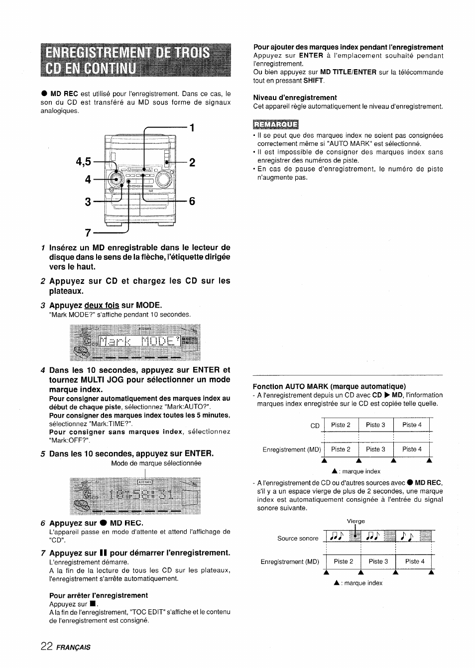 Niveau d'enregistrement, K mode, Pour arrêter l'enregistrement | Fonction auto mark (marque automatique), 10 h - i i 3 1 | Aiwa XR-H330MD User Manual | Page 102 / 124