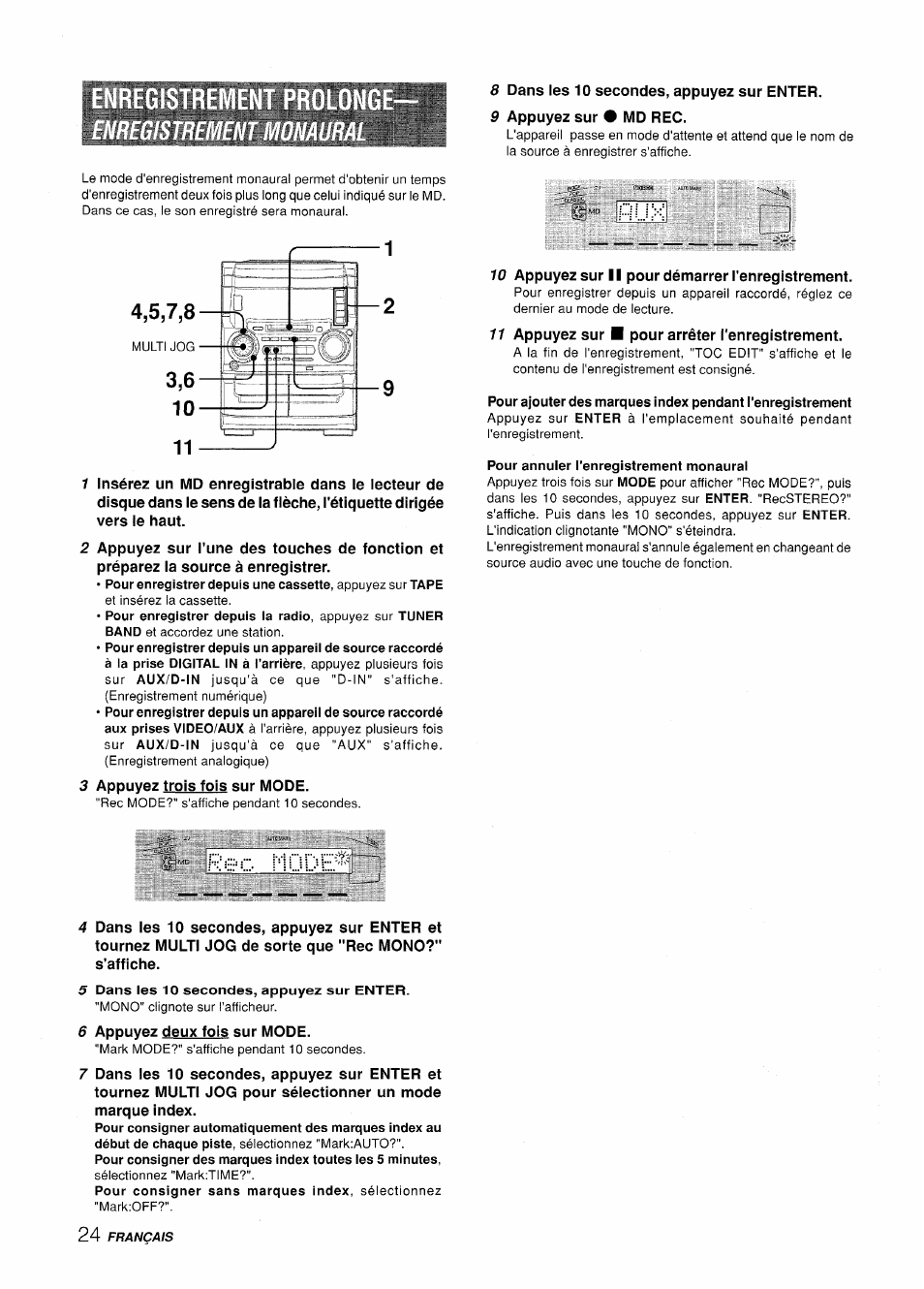 Pour annuler l'enregistrement monaurai, Rec nüde | Aiwa XR-H330MD User Manual | Page 104 / 124