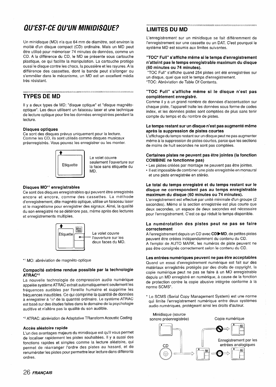 Types de mp, Qu'est-ce qu'un minidisque, Limites du md types de mp | Aiwa XR-H330MD User Manual | Page 106 / 124