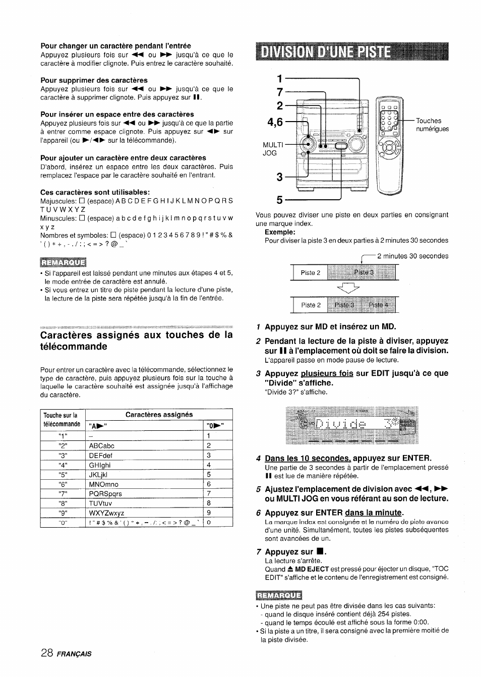 Pour changer un caractère pendant l'entrée, Pour supprimer des caractères, Pour insérer un espace entre des caractères | Pour ajouter un caractère entre deux caractères, Ces caractères sont utilisables, Caractères assignés aux touches de la télécommande, 1 appuyez sur md et insérez un md, 4 dans les 10 secondes, apouvez sur enter, 6 appuyez sur enter dans la minute, 7 appuyez sur | Aiwa XR-H330MD User Manual | Page 108 / 124