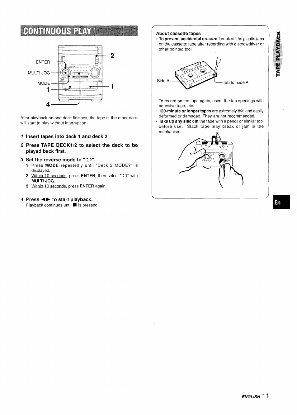 1 insert tapes into deck 1 and deck 2, 3 set the reverse mode to "z5, 4 press ◄►to start playback | About cassette tapes | Aiwa XR-H330MD User Manual | Page 11 / 124