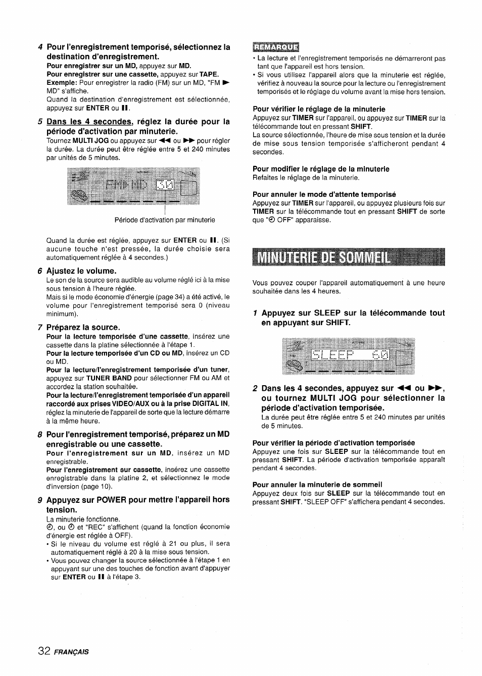 Fmii- md 30, Pour vérifier ie régiage de ia minuterie, Pour modifier ie régiage de la minuterie | Pour annuler le mode d'attente temporisé, Minuterie de som, Pour vérifier la période d'activation temporisée, Pour annuler la minuterie de sommeil, B. b. h' ò ib | Aiwa XR-H330MD User Manual | Page 112 / 124