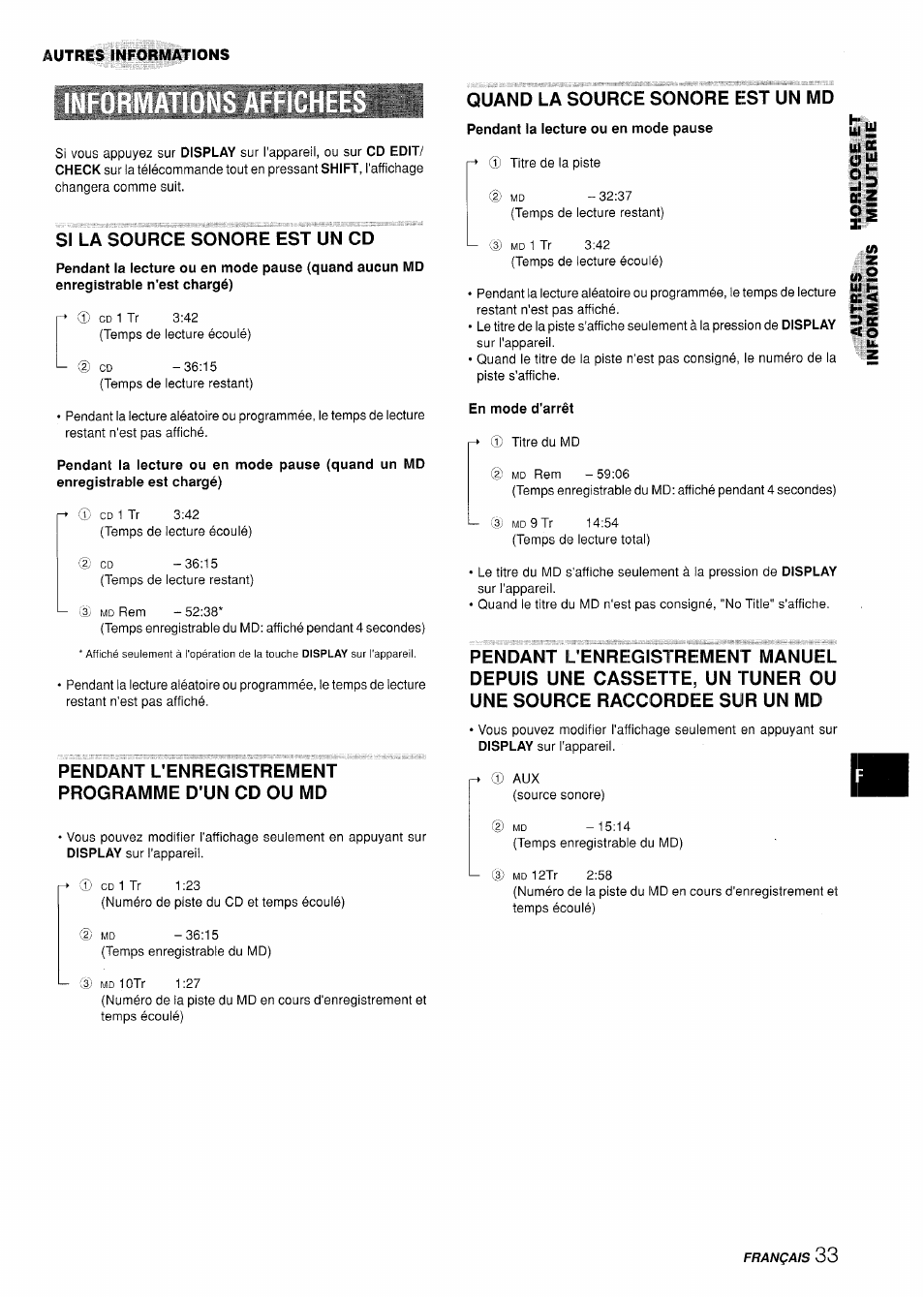 Si la source sonore est un cd, Pendant l'enregistrement programme d'un cd ou md, Quand la source sonore est un md | Aiwa XR-H330MD User Manual | Page 113 / 124