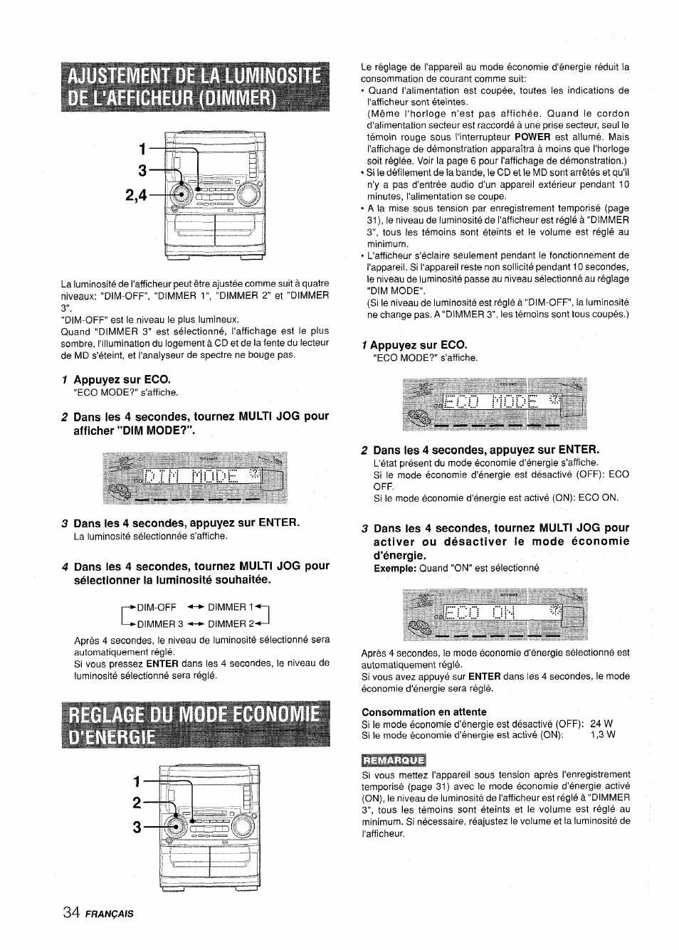 1 appuyez sur eco, 2 dans les 4 secondes, appuyez sur enter, 3 dans les 4 secondes, appuyez sur enter | Consommation en attente | Aiwa XR-H330MD User Manual | Page 114 / 124