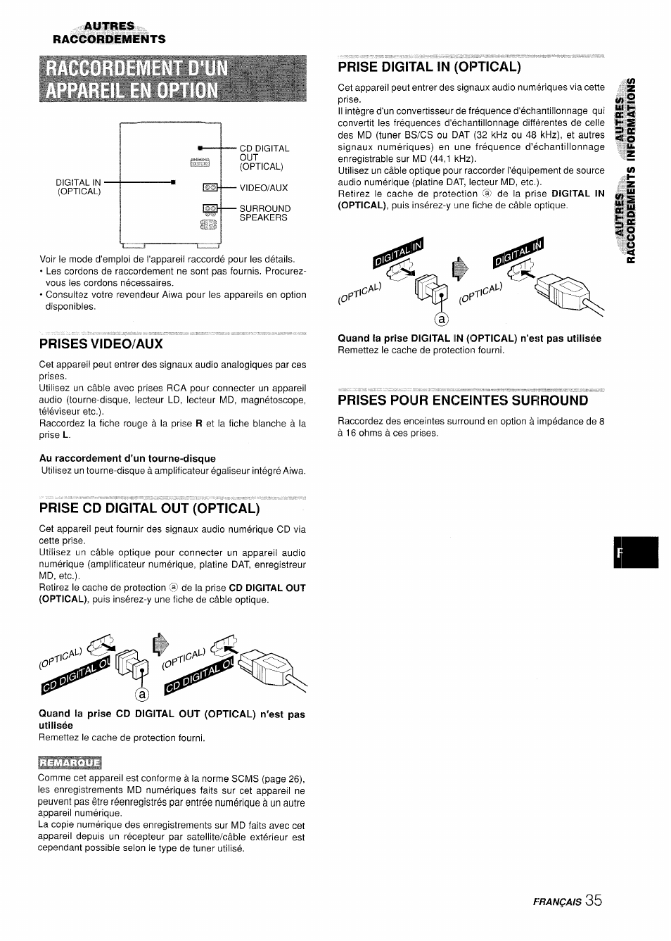 Prises video/aux, Prise digital in (optical), Prises pour enceintes surround | Au raccordement d'un tourne-disque, Prise cd digital out (optical) | Aiwa XR-H330MD User Manual | Page 115 / 124